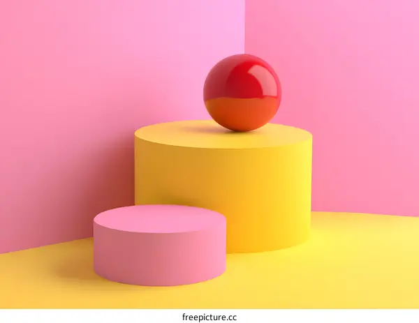 Abstract Minimalist 3D Render Geometric Shapes Yellow Pink Red Background