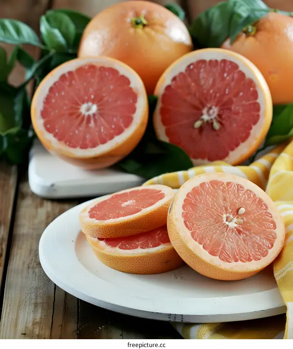 Freshly Cut Pink Grapefruits on a White Plate