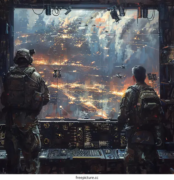 Two soldiers looking at a burning city from a control room