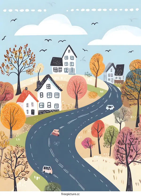 Autumn Road With Houses and Cars