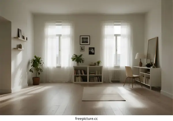 Bright and airy room with natural light and minimal furniture