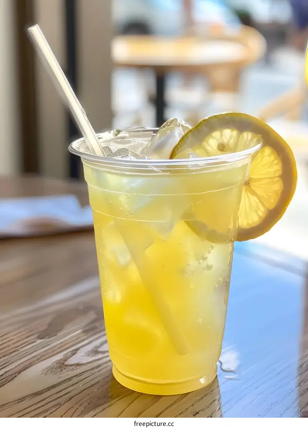 Refreshing Summer Drink with Lemon Slice and Ice Cubes in a Plastic Cup