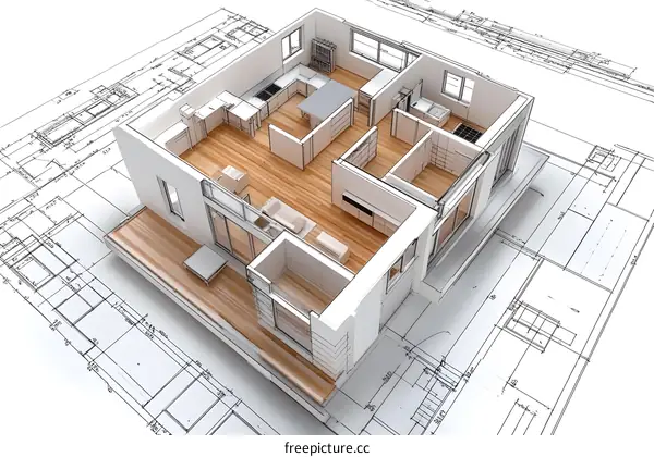 3D Model Home Design Concept On Blueprint
