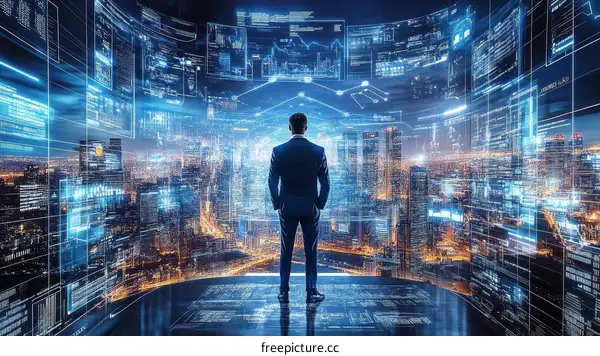 Businessman Contemplating Digital Cityscape