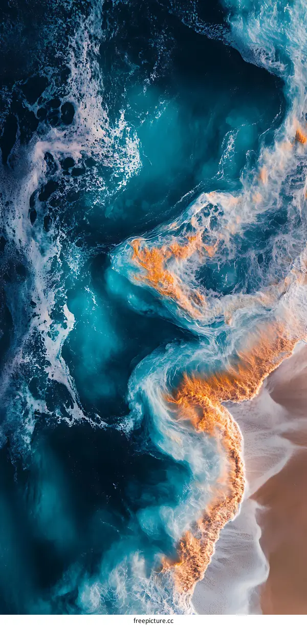 Aerial View of Ocean Waves Crashing on Sandy Beach