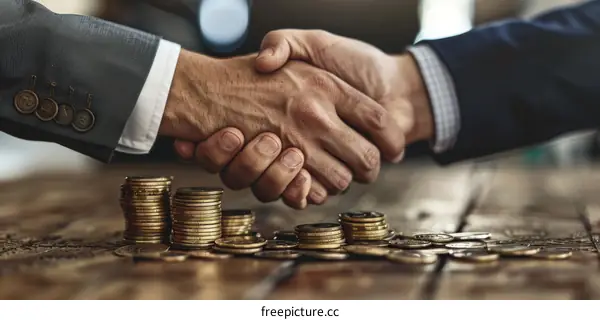 Businessmen shaking hands over money