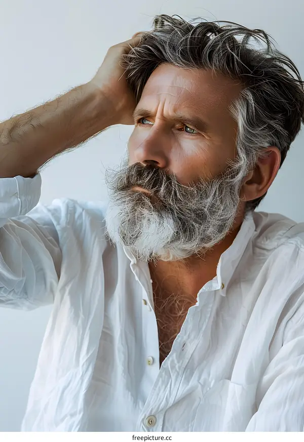 Mature Man With Gray Beard And Hair Looking Away