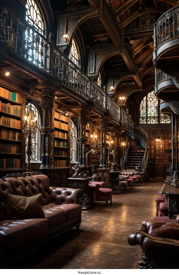 ornate library interior with spiral staircase and leather chairs