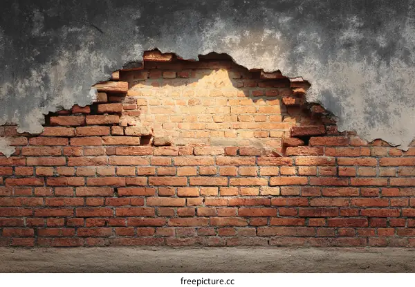 Damaged Brick Wall with Exposed Mortar and Sunlight