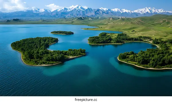 Aerial View of a Mountain Lake with Islands