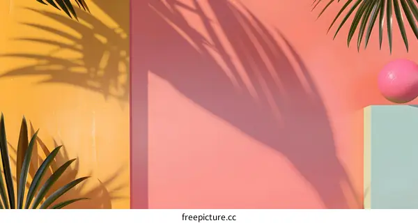 Minimalist Abstract Background with Palm Leaf Shadow and Pink Sphere