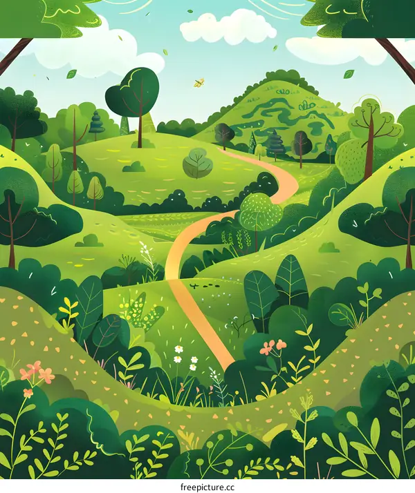 Green Hill Landscape Illustration With Winding Path
