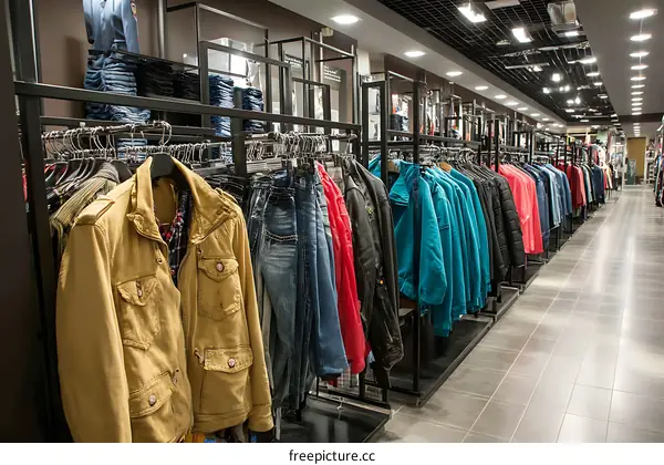 Modern Clothing Store Display with Jackets and Jeans
