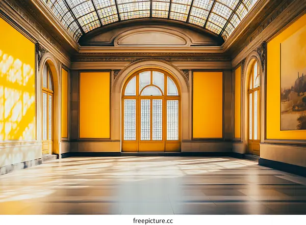 Large Yellow Room With Arched Windows and Stained Glass Ceiling