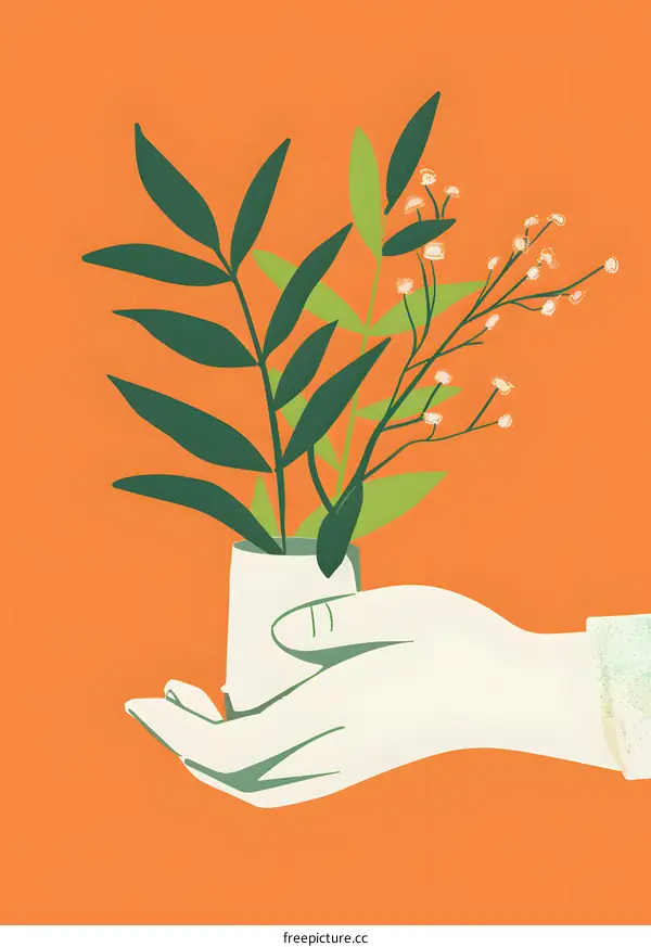 Hand Holding a Plant with Green Leaves and White Flowers