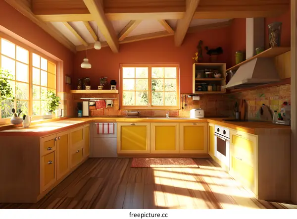 Modern Kitchen Design With Wooden Beams And Yellow Cabinets
