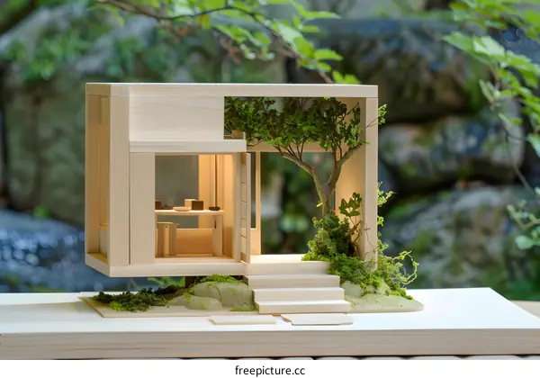 Wooden Model of Minimalist House with Green Tree