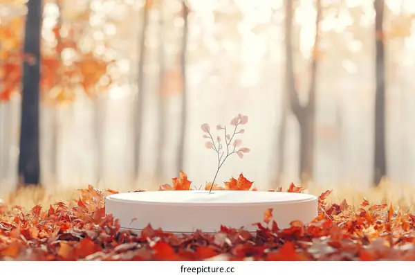 Autumn Forest Scene with White Display Platform
