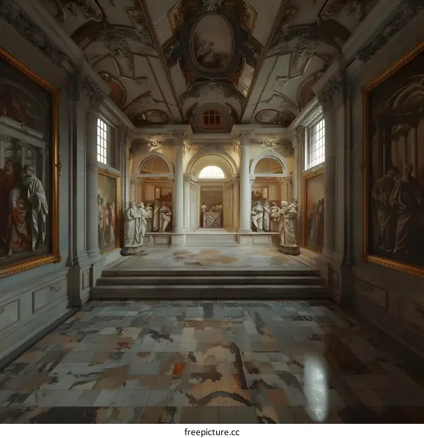 ornate hallway with marble floor and statues
