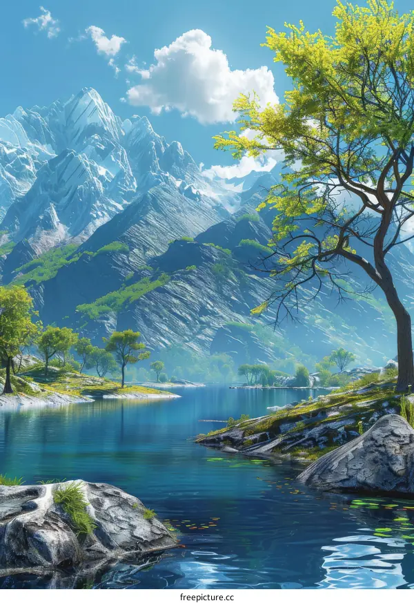 Fantasy Landscape with Mountains and a Tranquil Lake