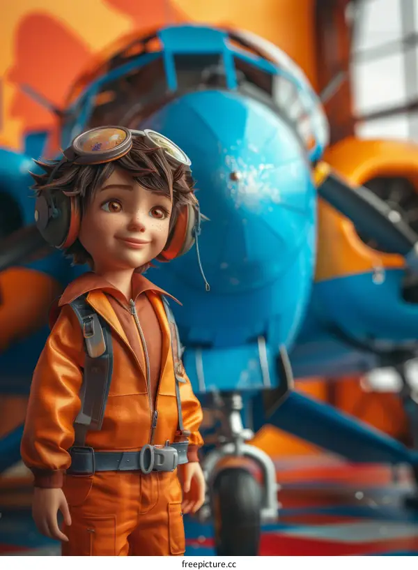 A boy in an orange jumpsuit standing in front of a blue airplane