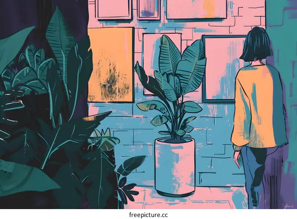 Woman with short hair looking at the wall with paintings