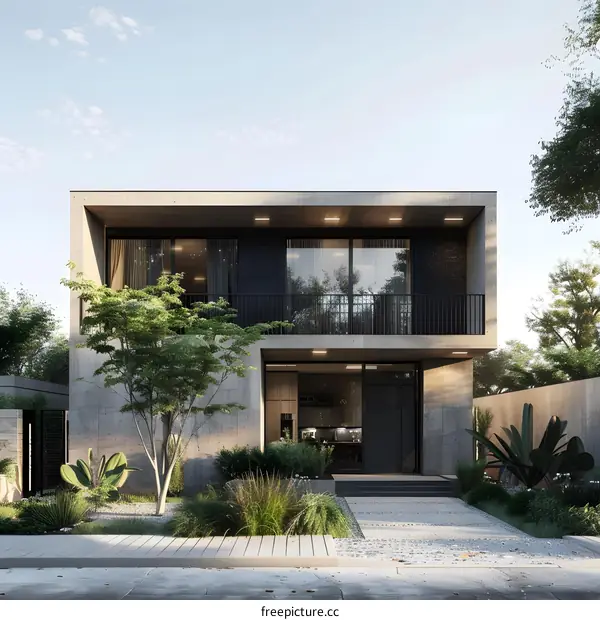 Modern Minimalist Concrete House with Balcony and Landscaping