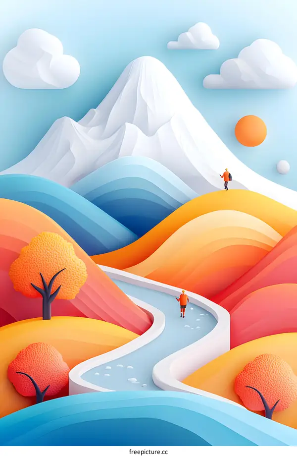 Two People Hiking Through Colorful Mountain Landscape