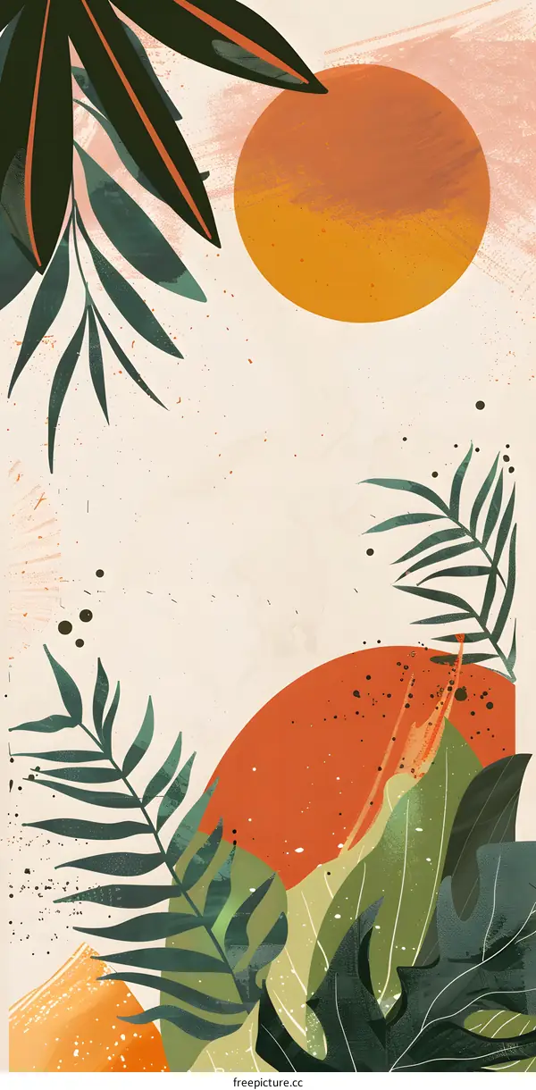 Abstract Tropical Leaves and Sun Illustration