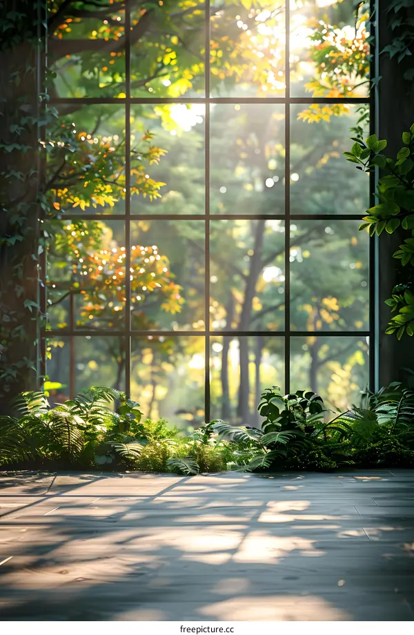 The sunlight shines through the window onto the green plants on the floor