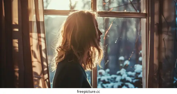 A woman is looking out the window, the sun is shining through the window