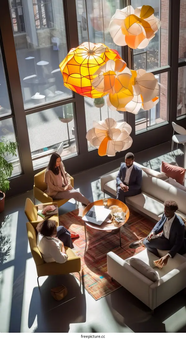 Four people having a meeting in a modern office space