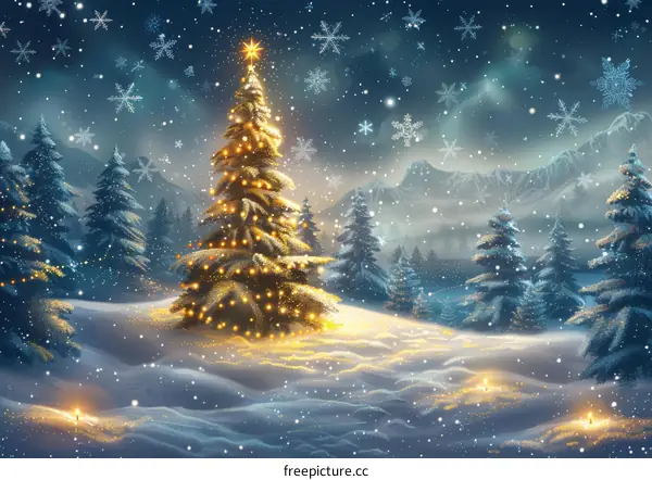 Illuminated Christmas Tree in Snowy Forest
