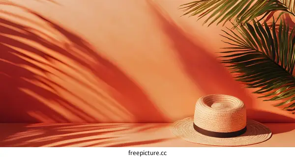 Straw Hat with Palm Leaf Shadow on Orange Background