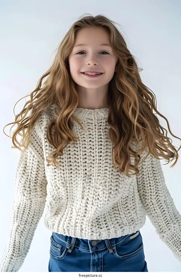 Smiling Young Caucasian Girl in a White Knit Sweater