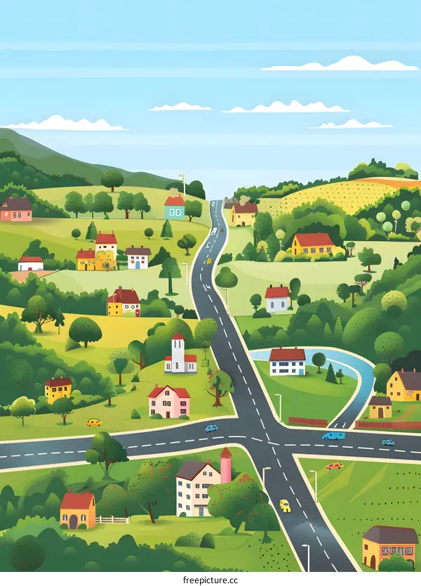 Beautiful Green Countryside With Roads And Houses