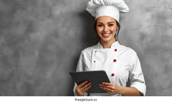 Smiling Chef Woman Using Tablet