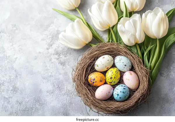 Colorful Easter Eggs in a Nest with Tulips