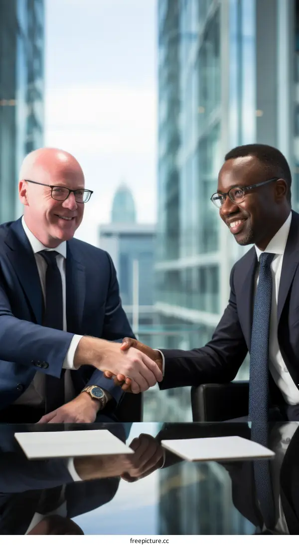 Two businessmen shaking hands in an office