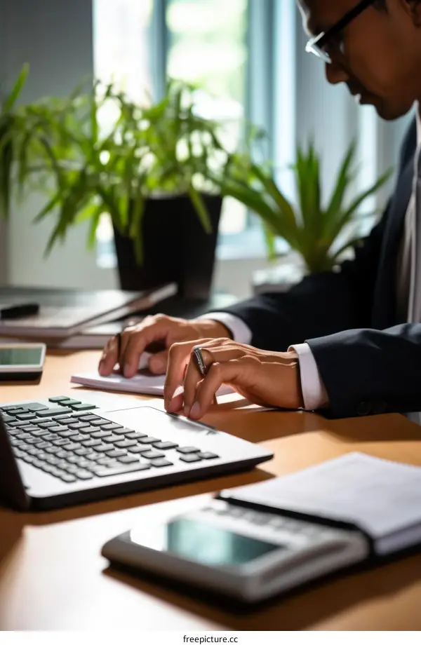 A businessman is working on his laptop in his office