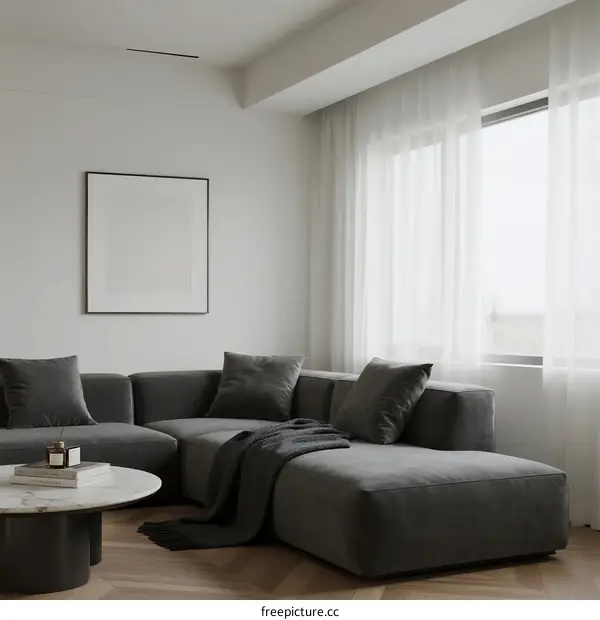 Modern Living Room with Grey Sectional Sofa and Large Window
