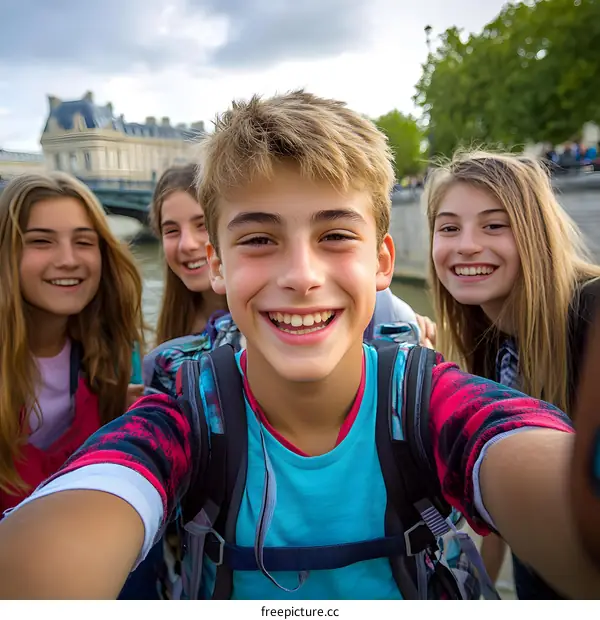 Happy Teenagers Taking Selfie In Paris