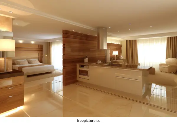 Modern Apartment Interior Design with Open Plan Kitchen and Bedroom