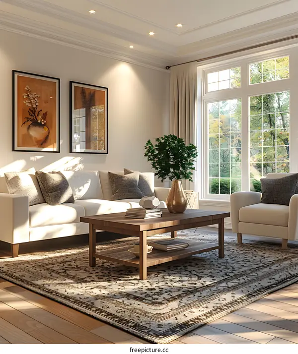 Bright living room with white sofa and green plant