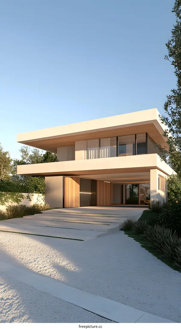Modern House with White Gravel Driveway and Green Plants