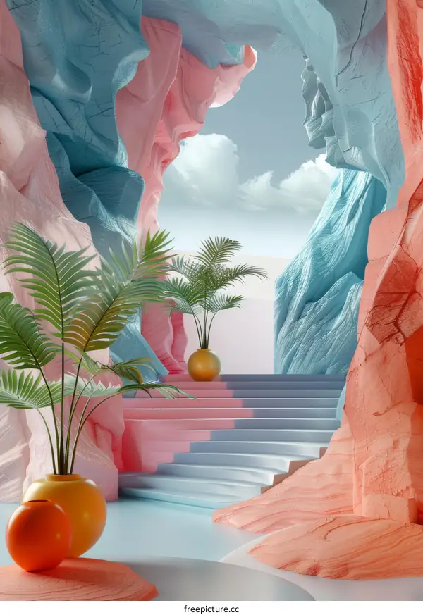 Abstract Colorful Cave with Steps and Plants