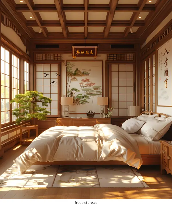 An illustration of a bedroom with a Japanese style