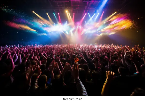 Colorful stage lights and crowd of people at a concert