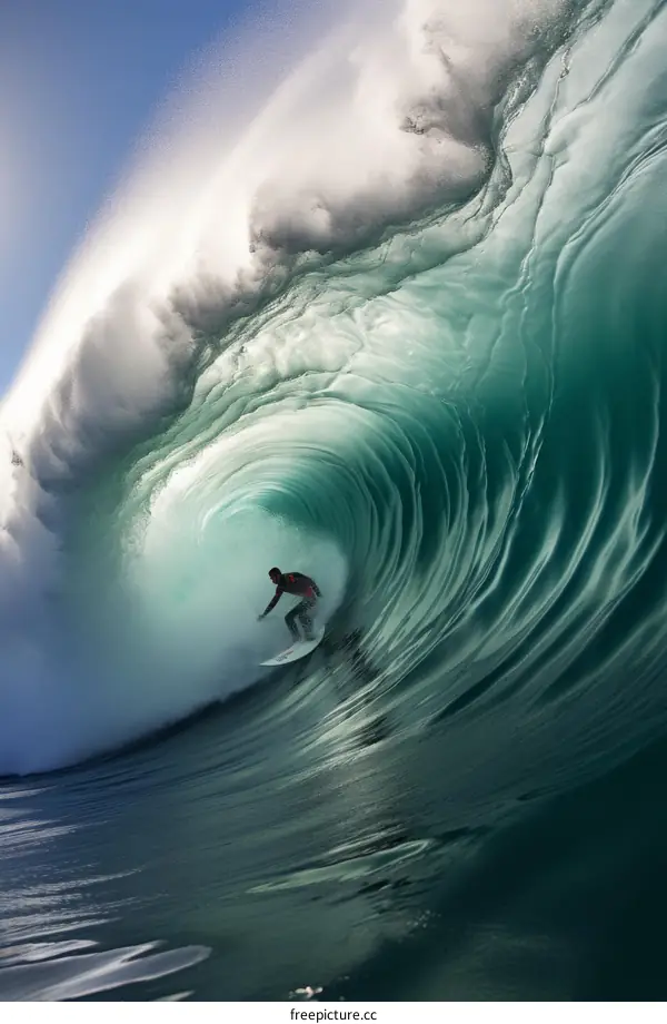 Surfer rides a huge wave
