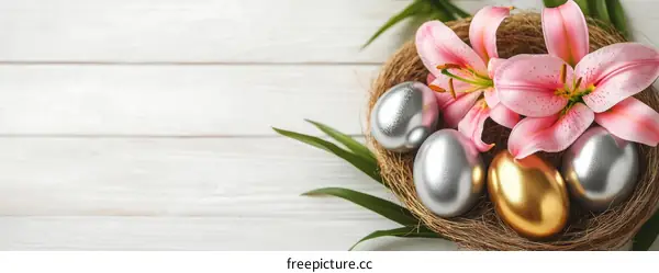 Easter Eggs in a Nest with Lilies on White Wood